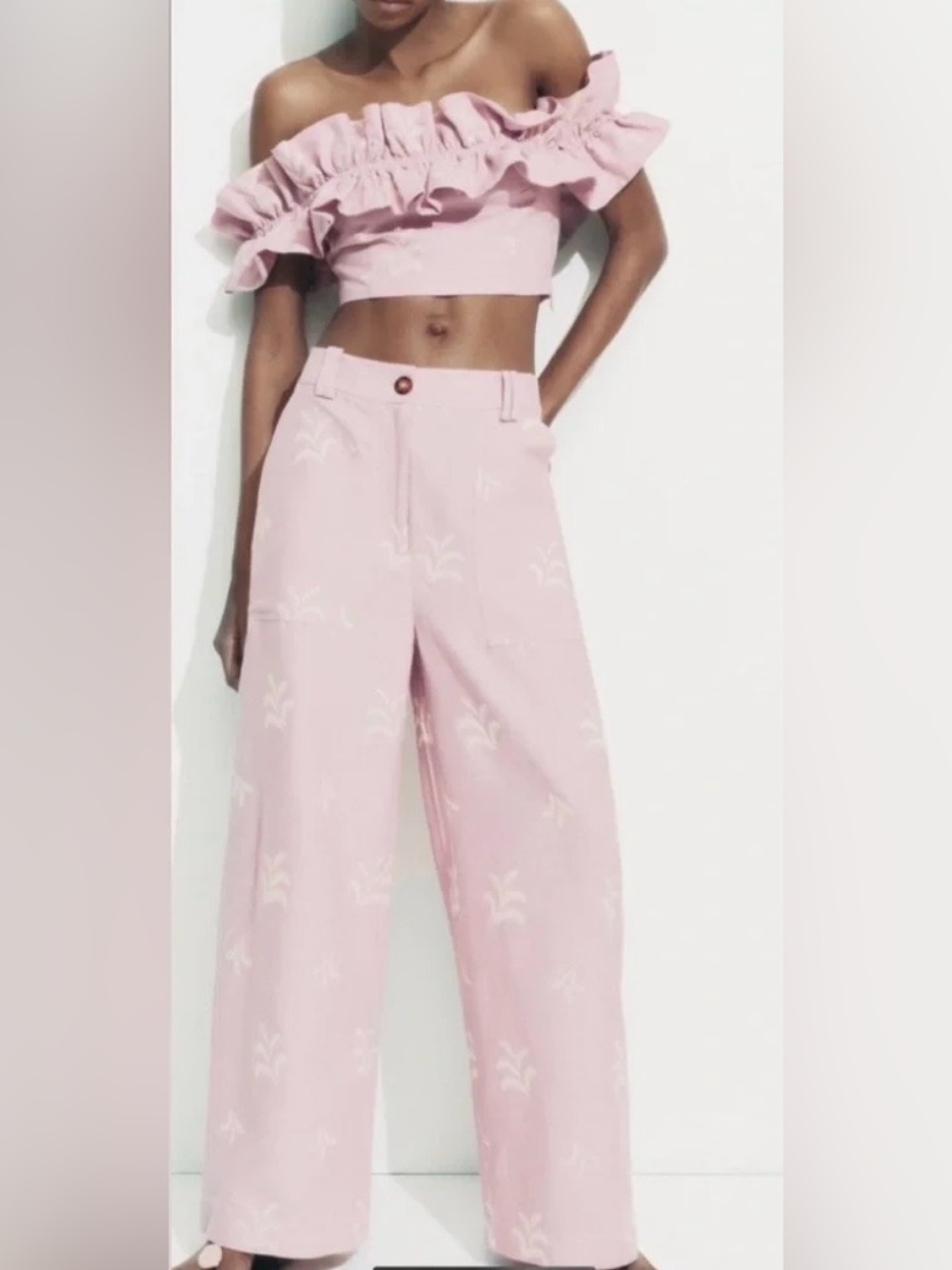 ZARA Pink Linen Off Shoulder Ruffle Top & Wide Leg Pants Set